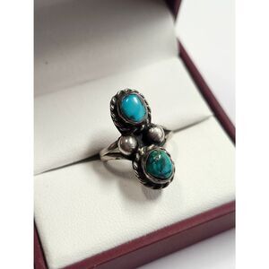 Sterling Silver Plated Double Turquoise Ring - Blue Green Stones Size 5.5